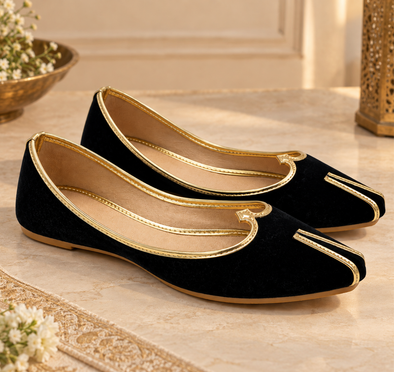Black Velvet Juttis With Gold Piping