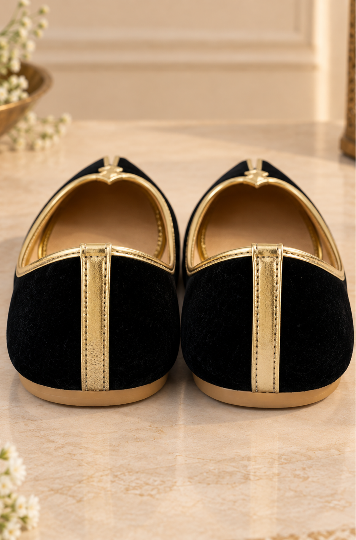 Black Velvet Juttis With Gold Piping