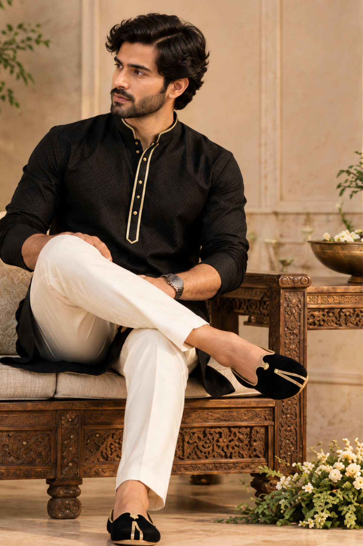 Black Velvet Juttis With Gold Piping