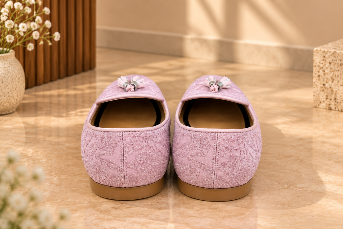 Blush Pink Embroidered Juttis With Tassel Detail