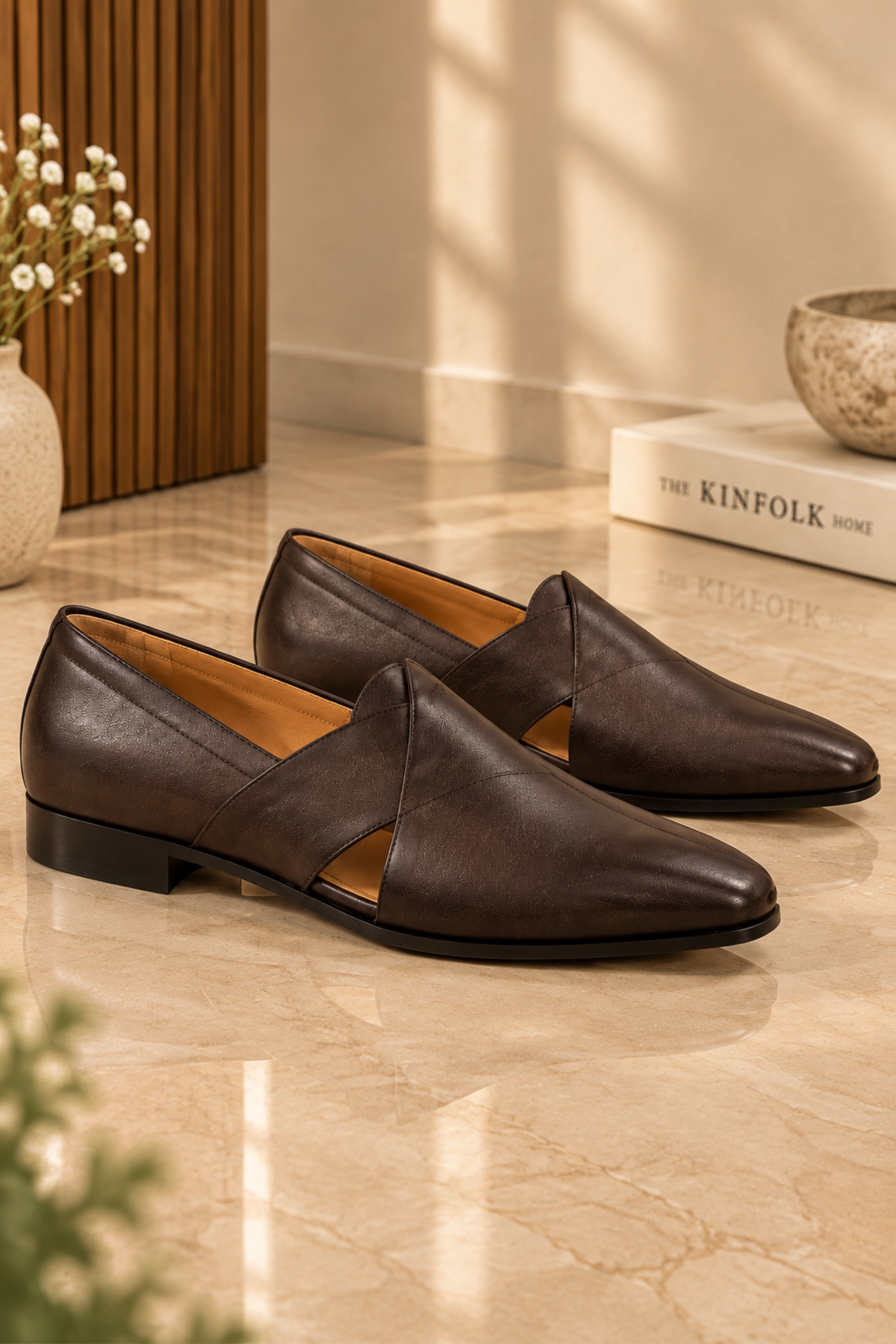 Dark Brown Leather Cross-Strap Loafers