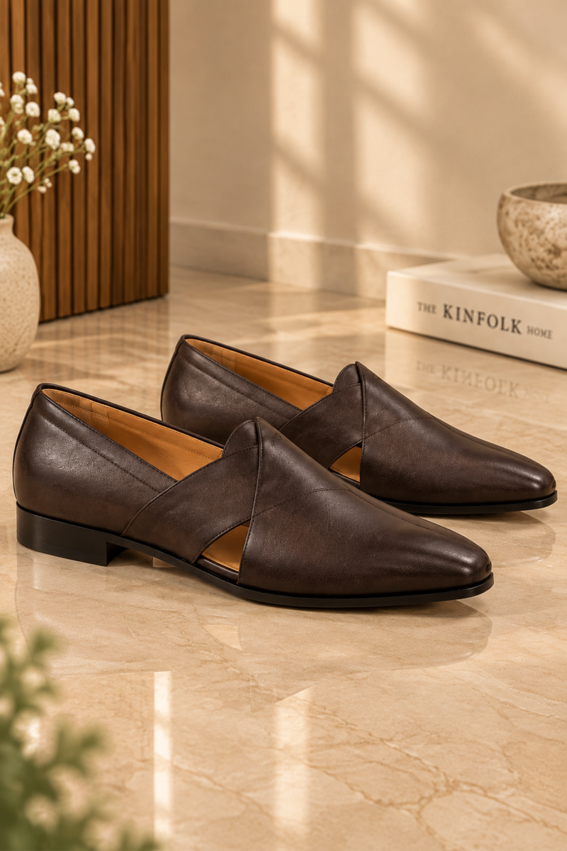 Dark Brown Leather Cross-Strap Loafers