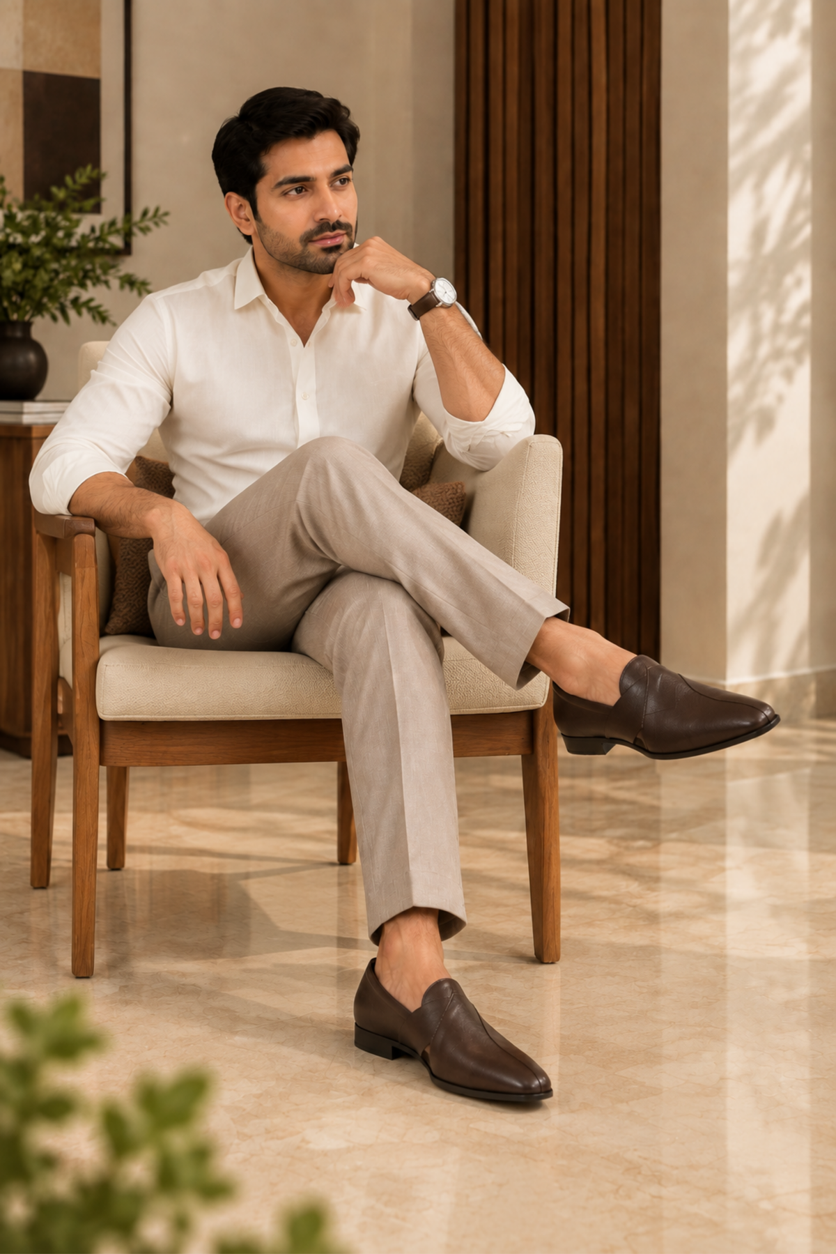 Dark Brown Leather Cross-Strap Loafers