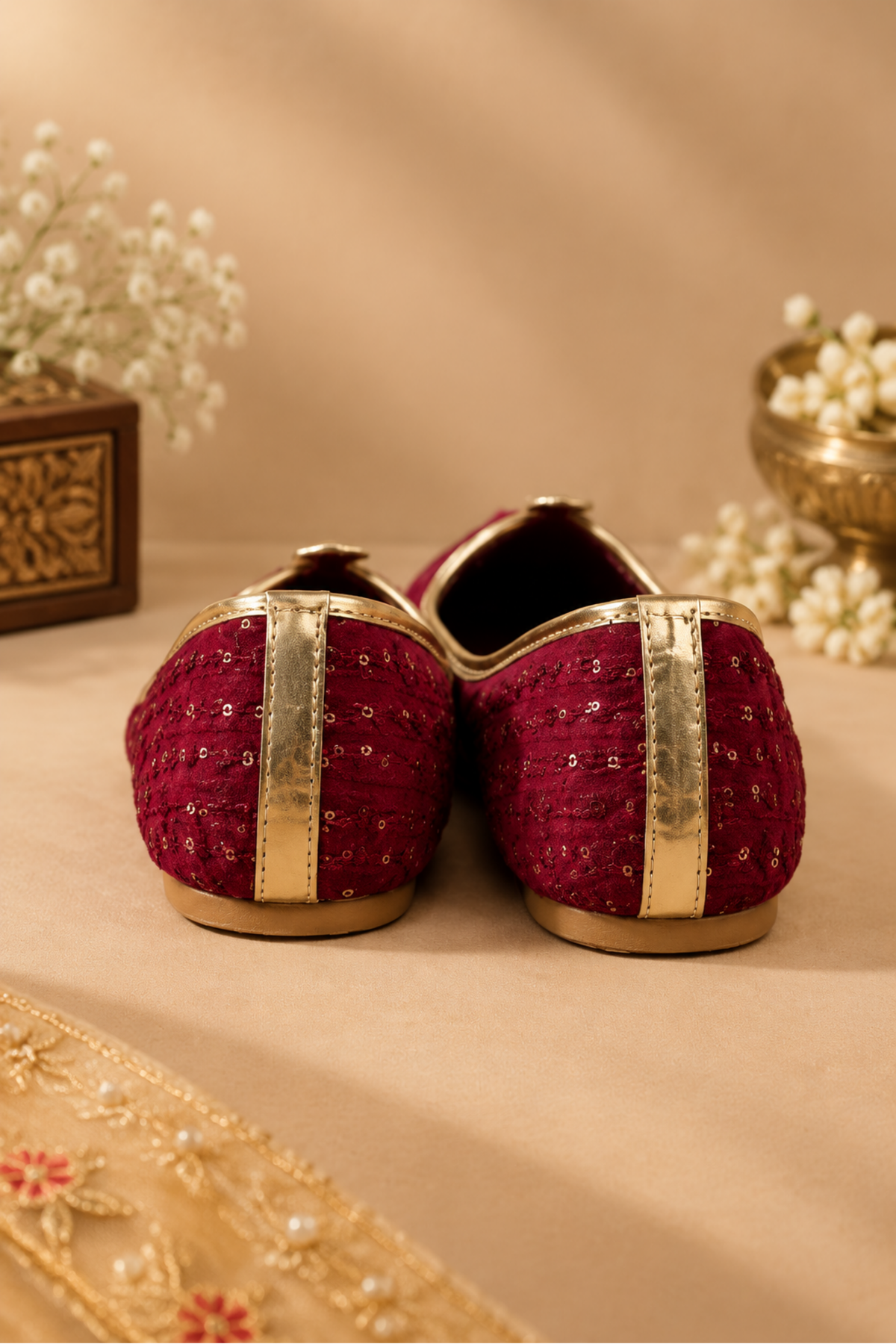 Maroon Velvet Embellished Juttis With Gold Piping