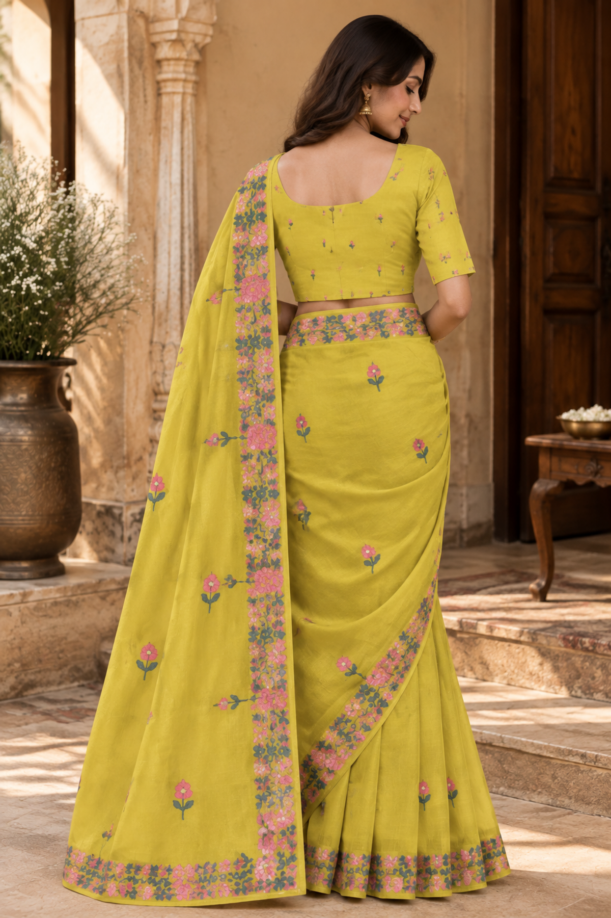 Mustard Yellow Floral Printed Saree With Border
