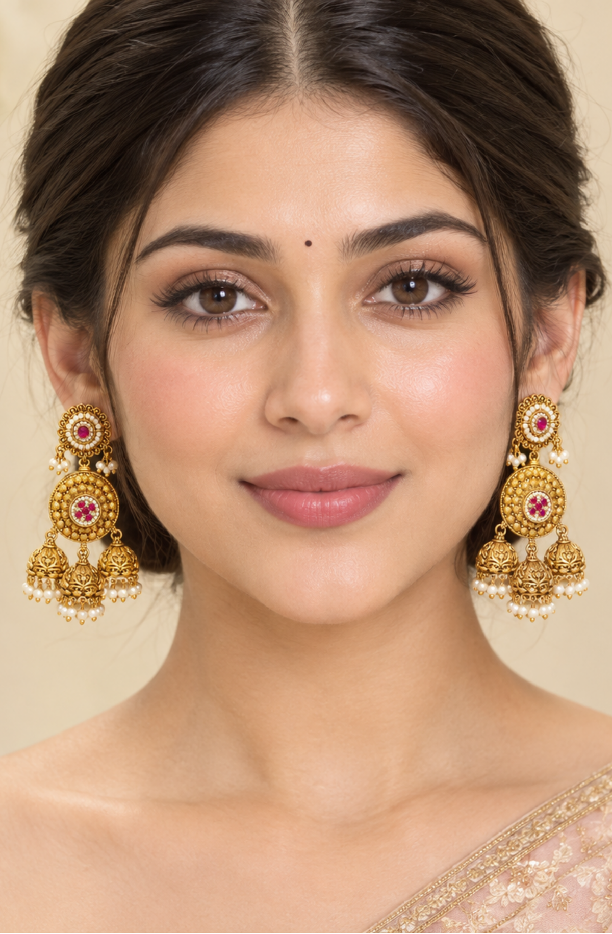 Traditional Gold-Plated Kundan Jhumka Earrings with Pink Stone Detailing