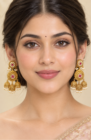 Traditional Gold-Plated Kundan Jhumka Earrings with Pink Stone Detailing