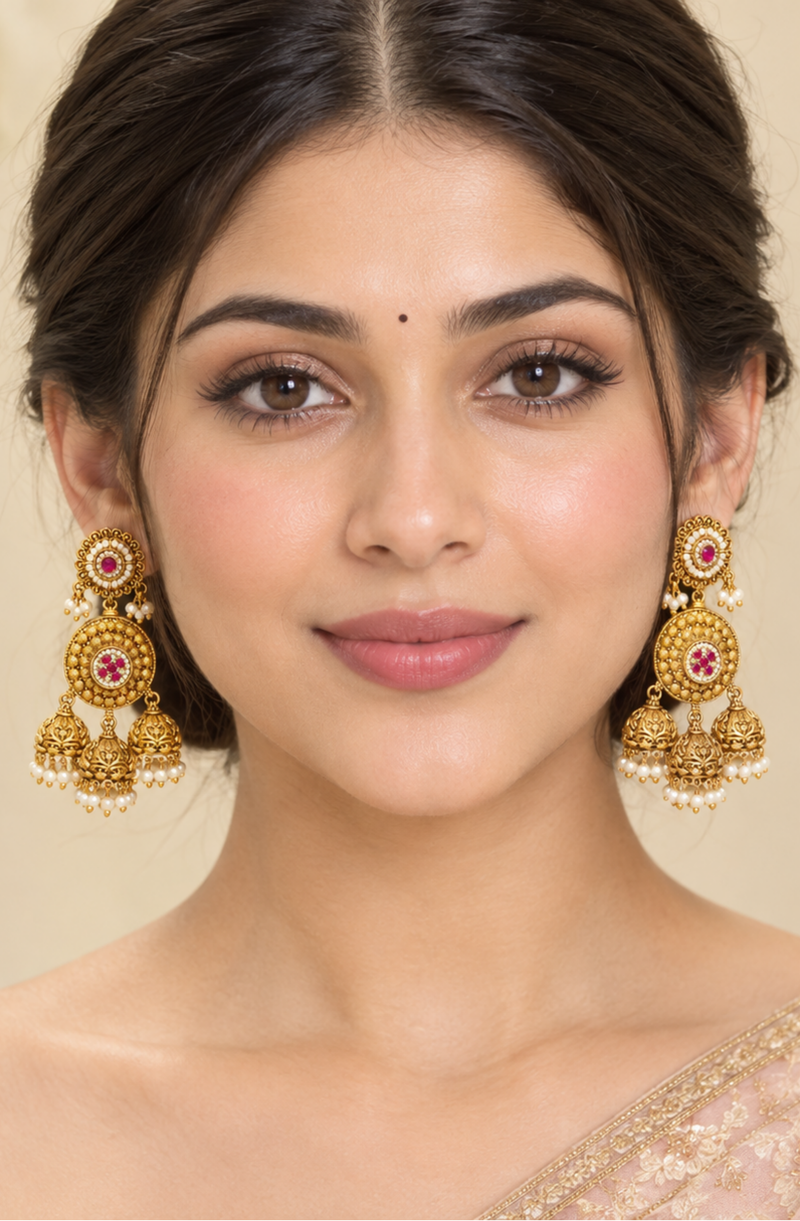 Traditional Gold-Plated Kundan Jhumka Earrings with Pink Stone Detailing