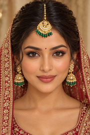 Elegant Gold-Tone Kundan Maang Tikka with Green Beaded Drops