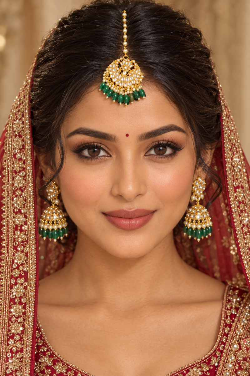 Elegant Gold-Tone Kundan Maang Tikka with Green Beaded Drops