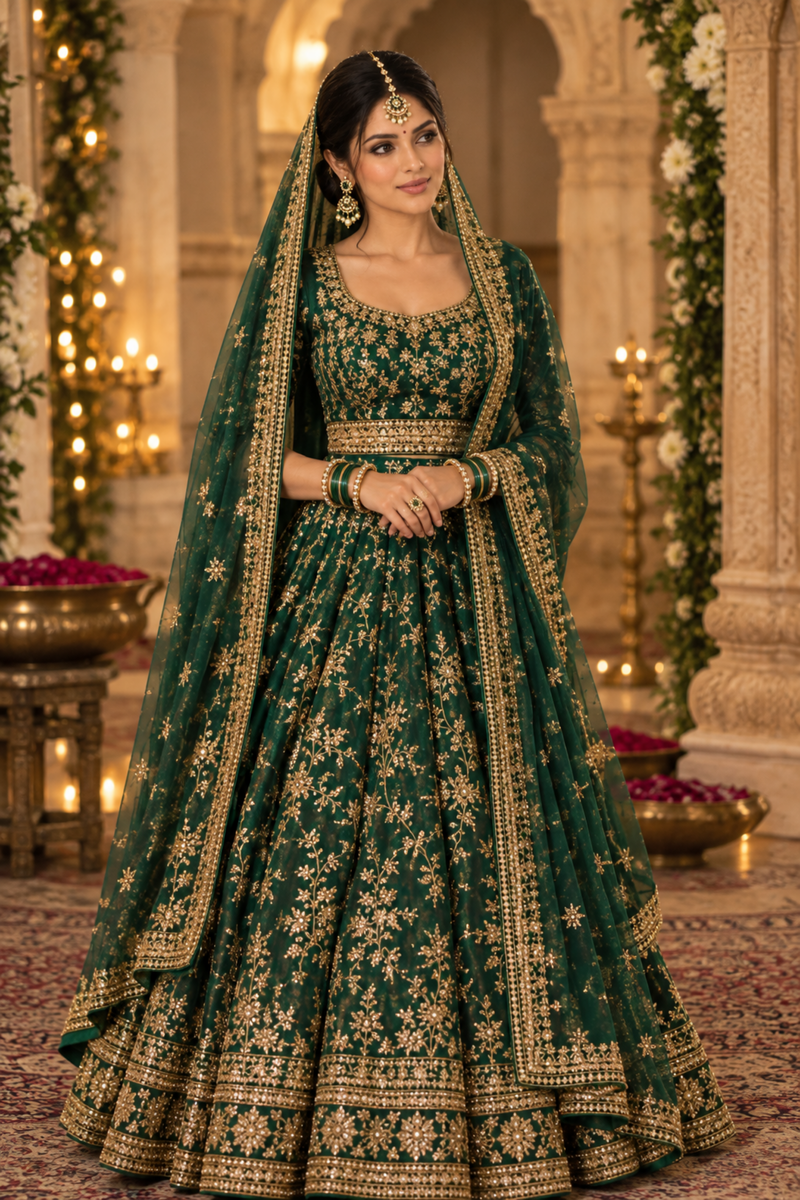 Elegant Gold-Tone Kundan Maang Tikka with Green Stones & Pearl Drops
