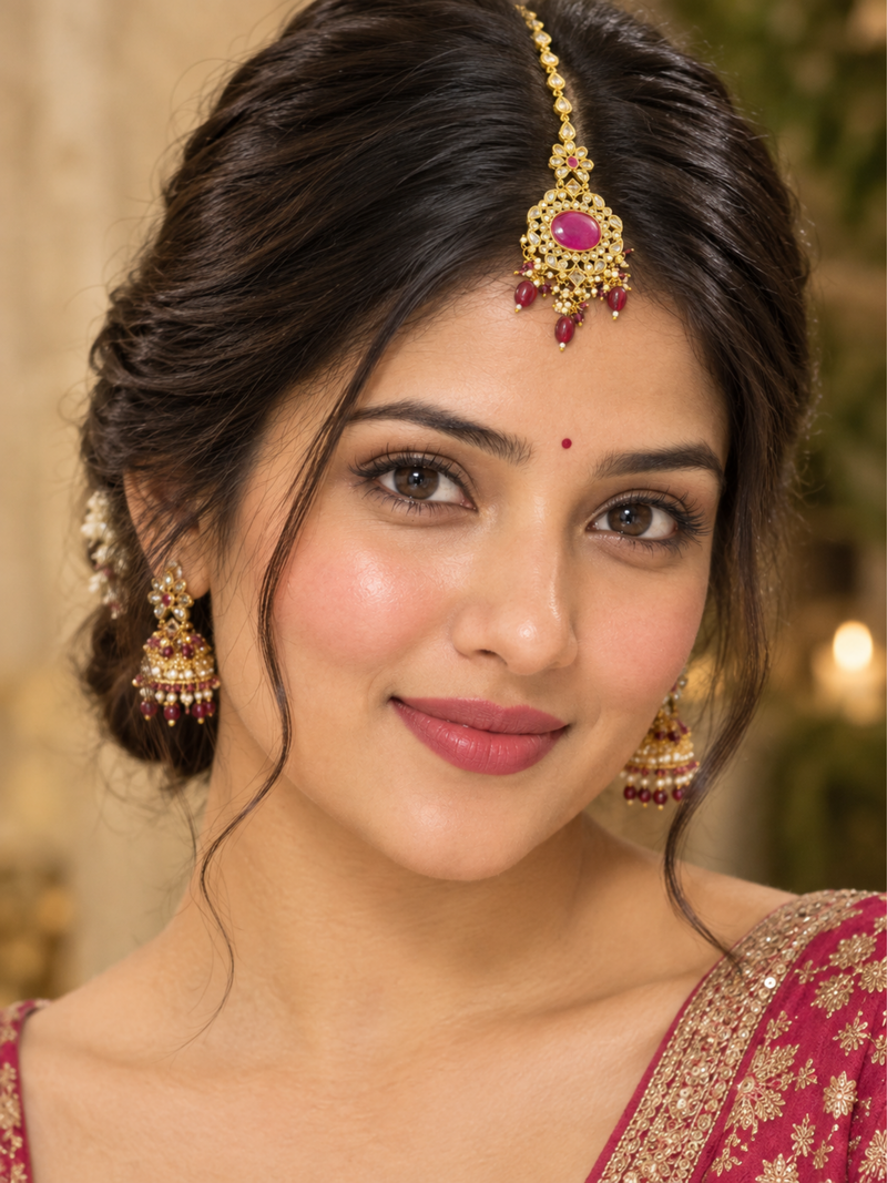 Elegant Gold-Tone Kundan Maang Tikka with Pink Stone & Red Beaded Drops