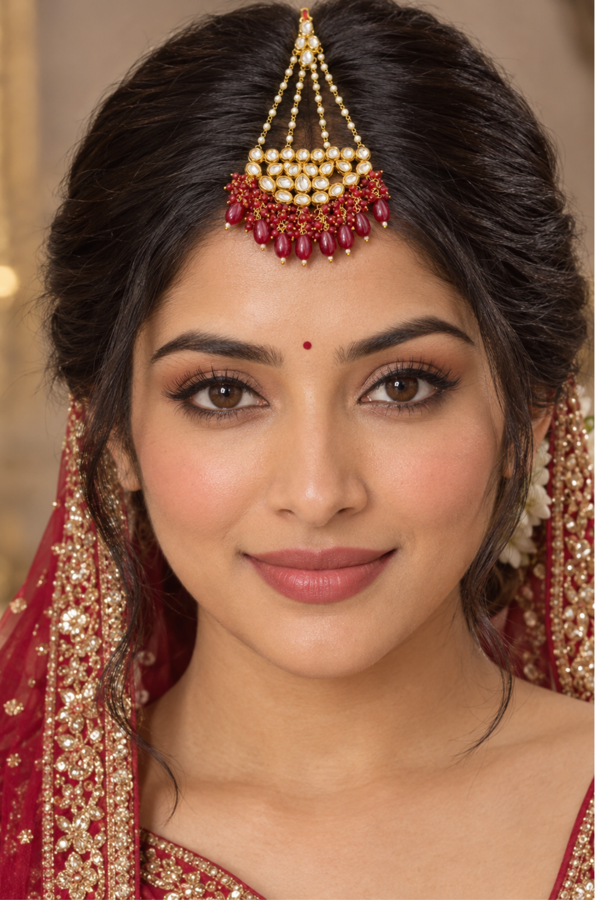 Elegant Gold-Tone Kundan Matha Patti with Pearl & Ruby Beaded Drops