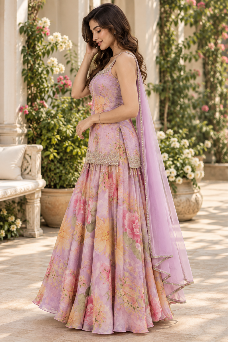 Lavender Floral Printed Lehenga Set With Sheer Dupatta