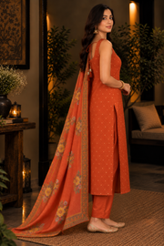 Rust Orange Embroidered Kurta Set with Dupatta