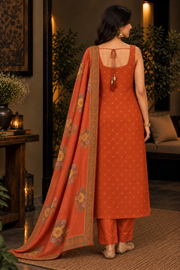 Rust Orange Embroidered Kurta Set with Dupatta
