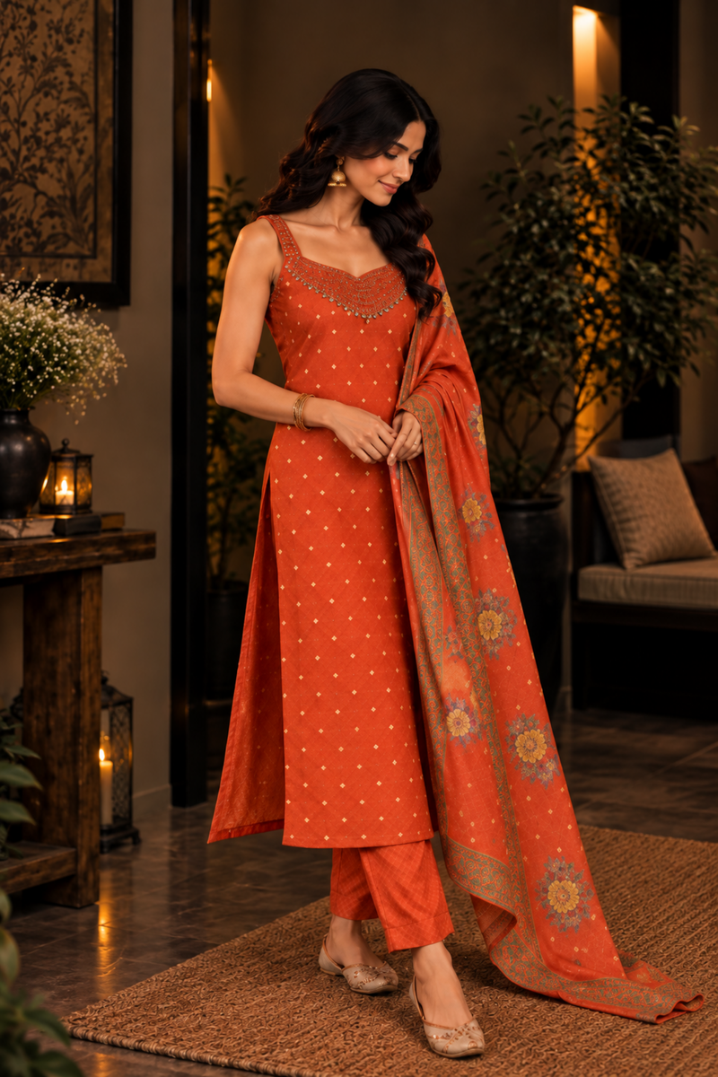 Rust Orange Embroidered Kurta Set with Dupatta
