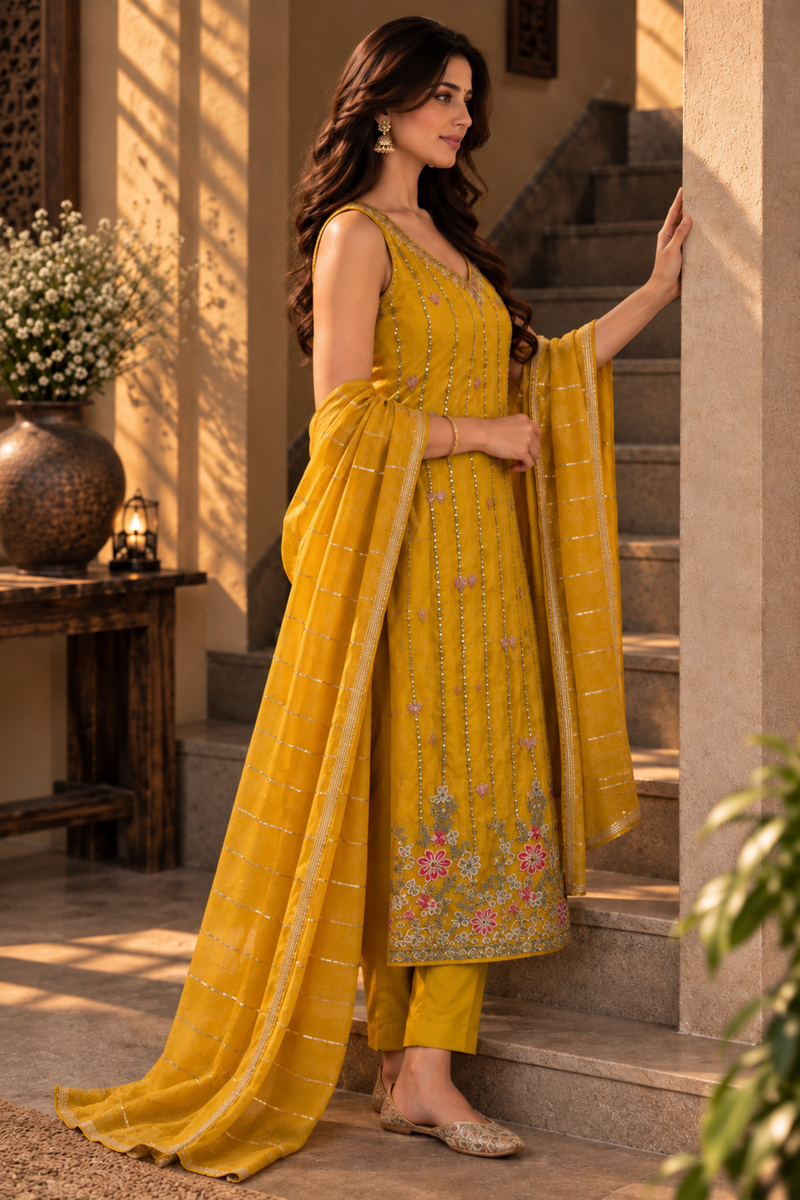 Mustard Yellow Embroidered Kurta Set with Dupatta