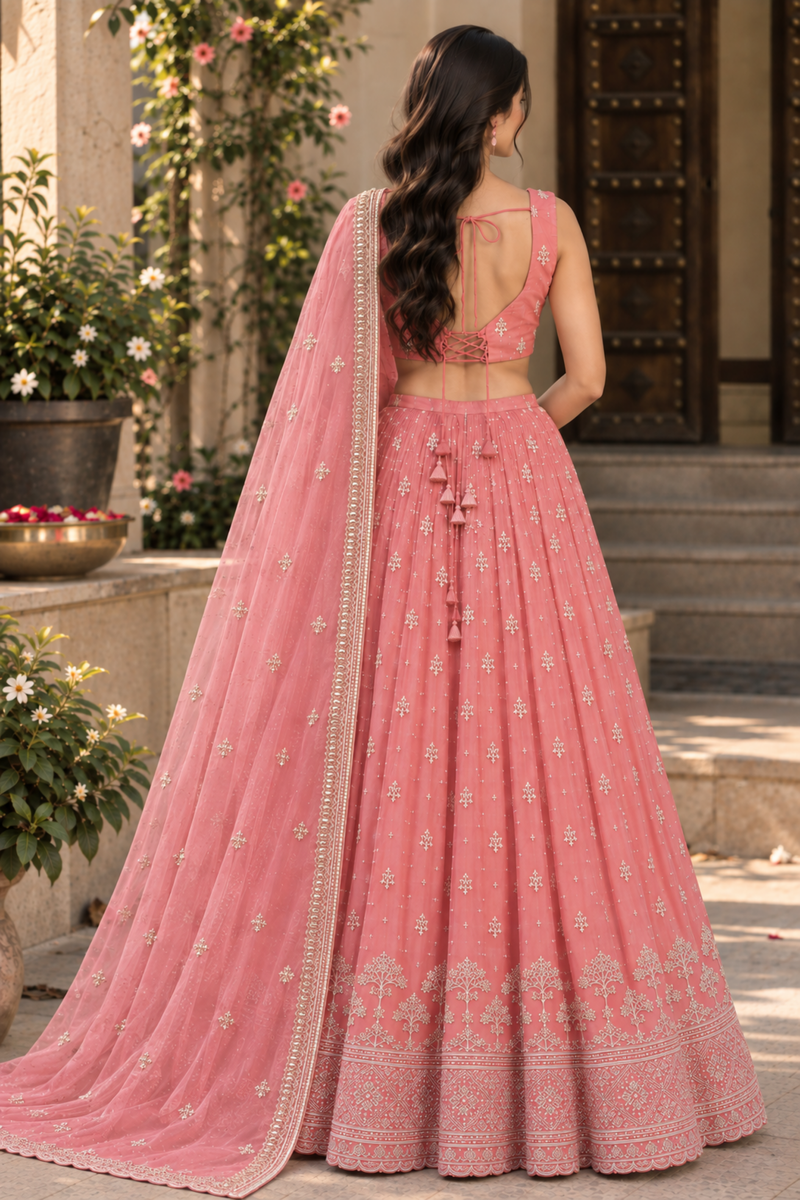 Blush Pink Floral Embroidered Lehenga with Dupatta