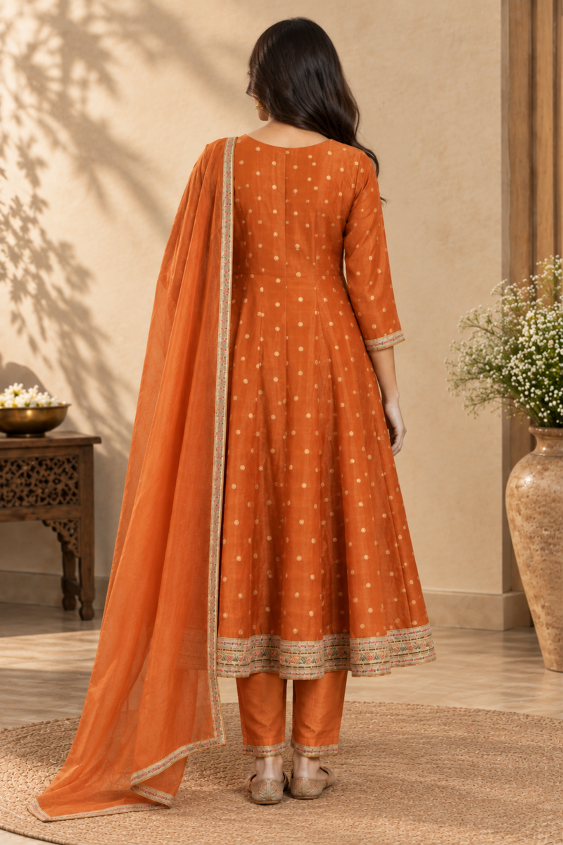 Burnt Orange Embroidered Anarkali Suit with Dupatta