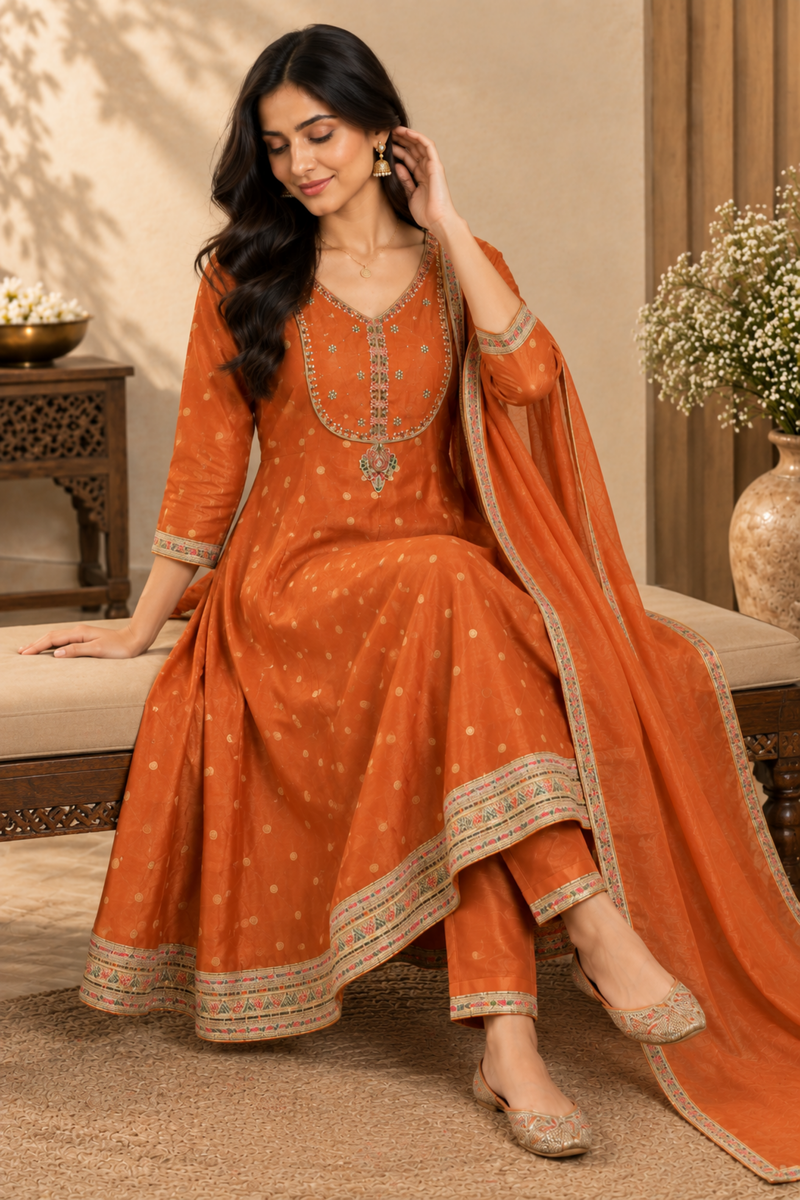 Burnt Orange Embroidered Anarkali Suit with Dupatta