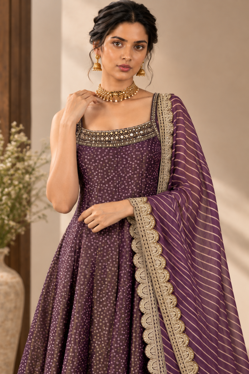 Deep Purple Embroidered Anarkali Suit with Dupatta