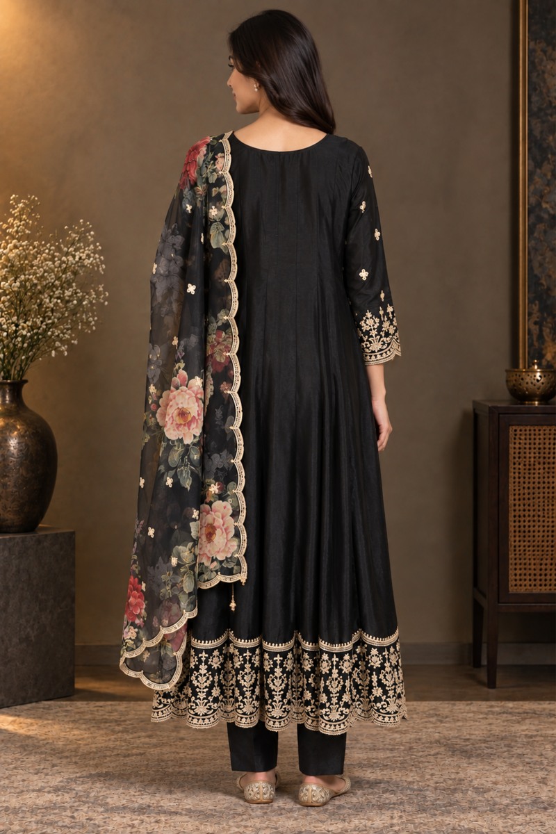 Black Floral Embroidered Anarkali Suit Set with Dupatta