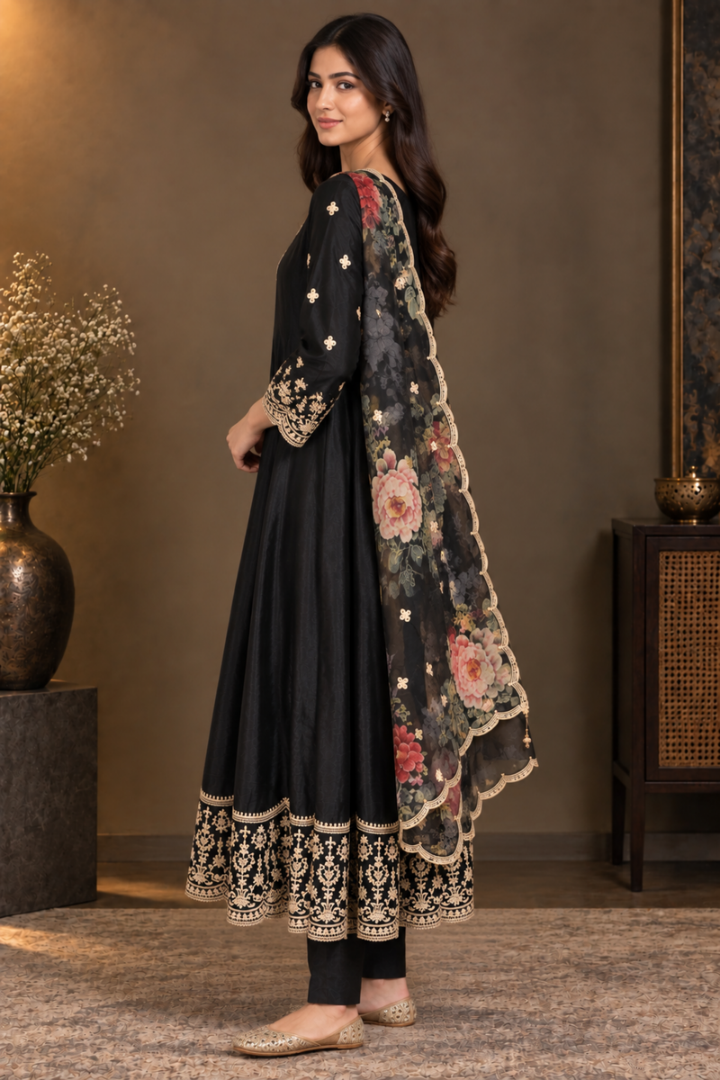 Black Floral Embroidered Anarkali Suit Set with Dupatta