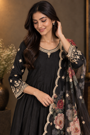 Black Floral Embroidered Anarkali Suit Set with Dupatta