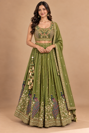Olive Green Embroidered Lehenga Set with Dupatta