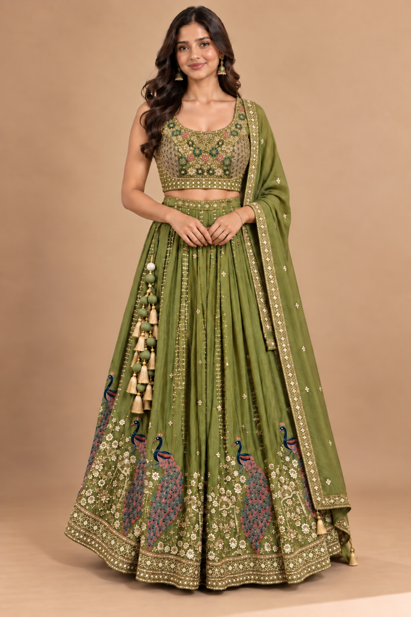 Olive Green Embroidered Lehenga Set with Dupatta