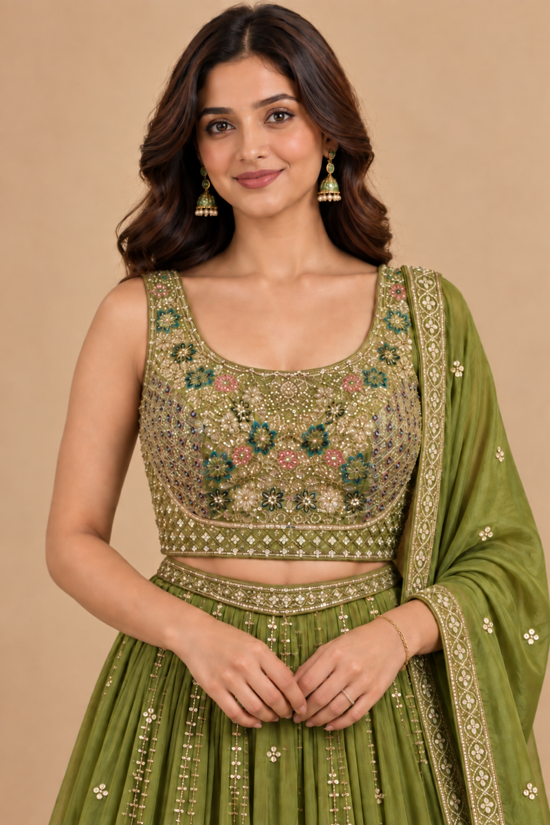 Olive Green Embroidered Lehenga Set with Dupatta