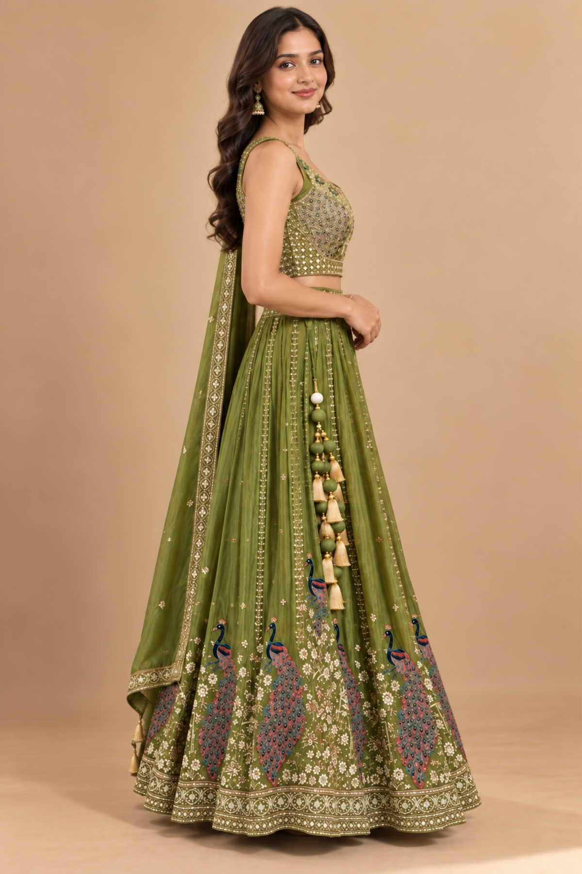 Olive Green Embroidered Lehenga Set with Dupatta
