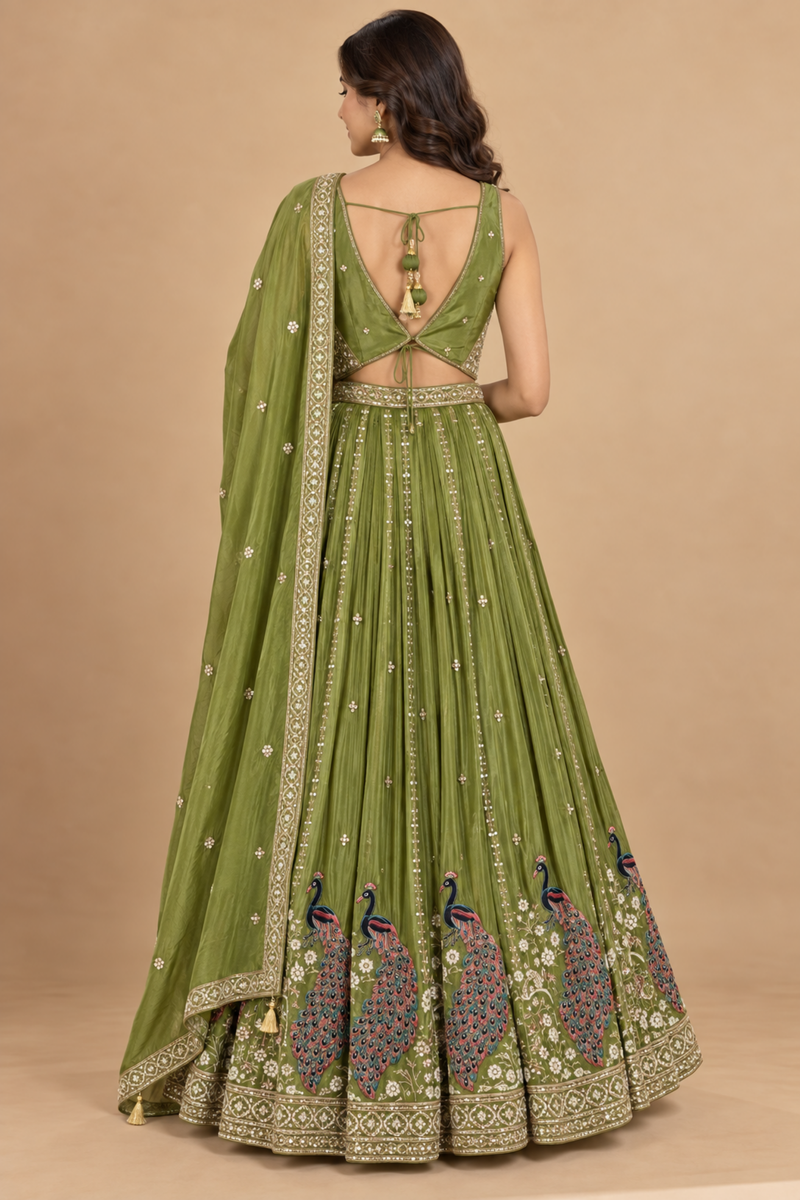Olive Green Embroidered Lehenga Set with Dupatta
