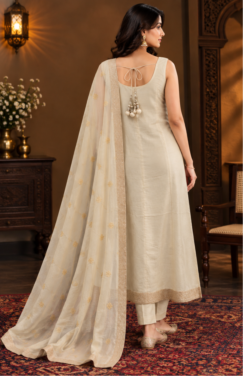 Ivory Embroidered Kurta Pant Set with Dupatta