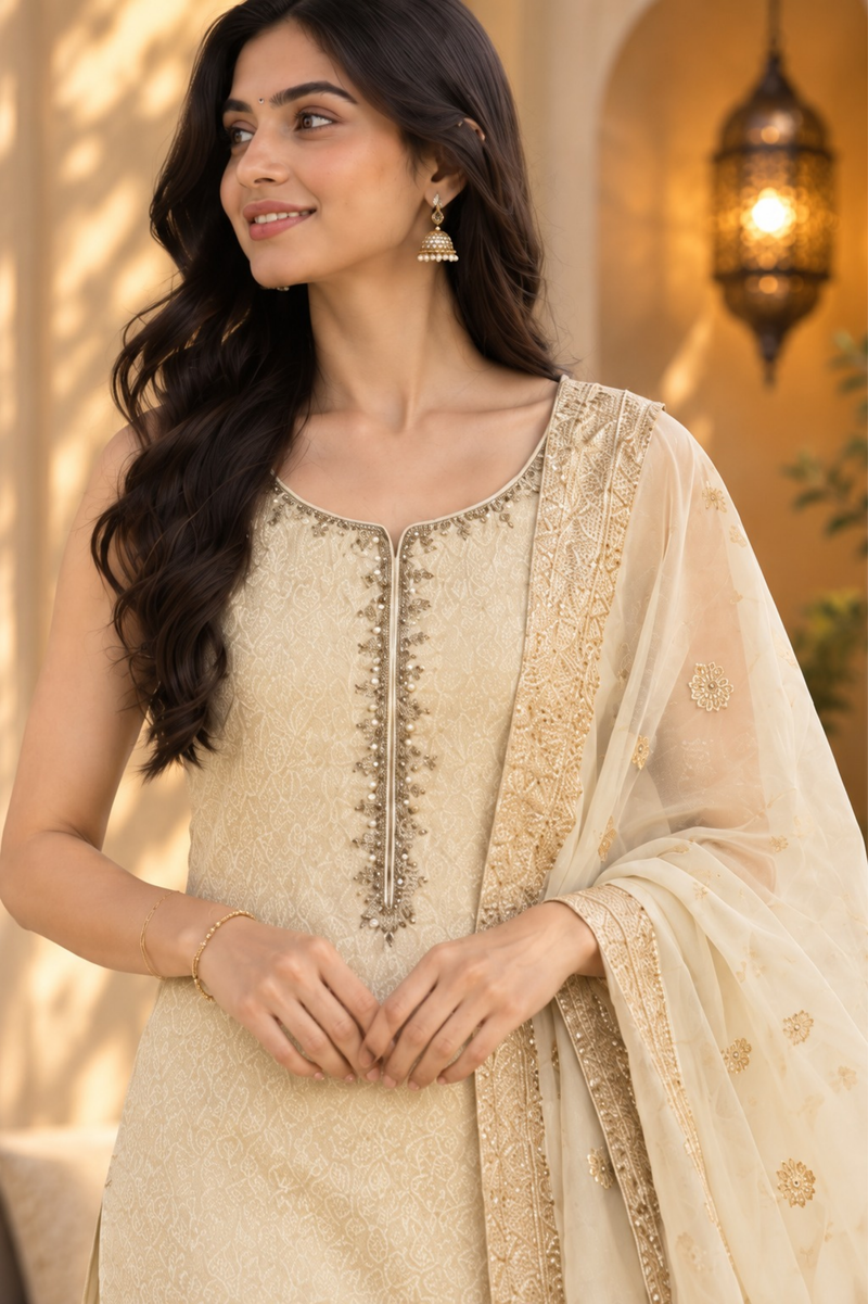 Ivory Embroidered Kurta Pant Set with Dupatta