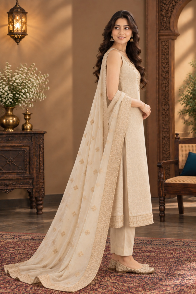 Ivory Embroidered Kurta Pant Set with Dupatta