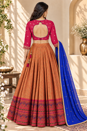 Rust Orange Embroidered Lehenga with Blue Dupatta