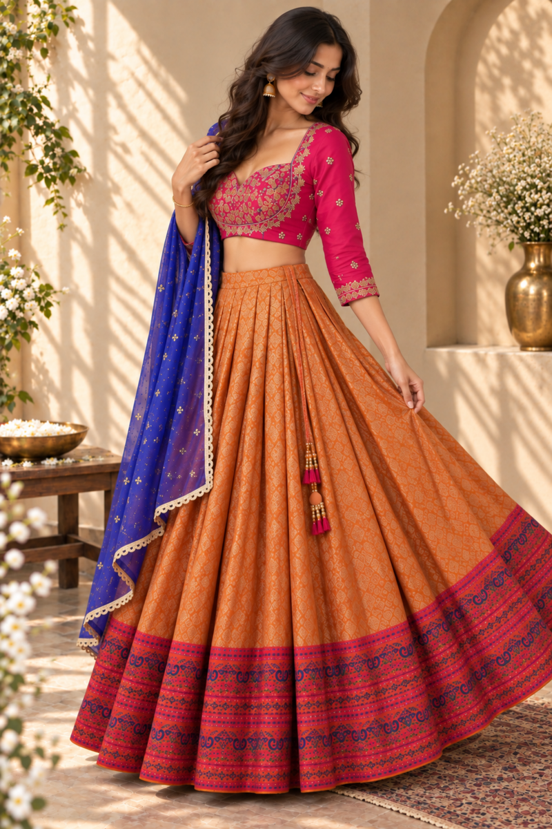 Rust Orange Embroidered Lehenga with Blue Dupatta