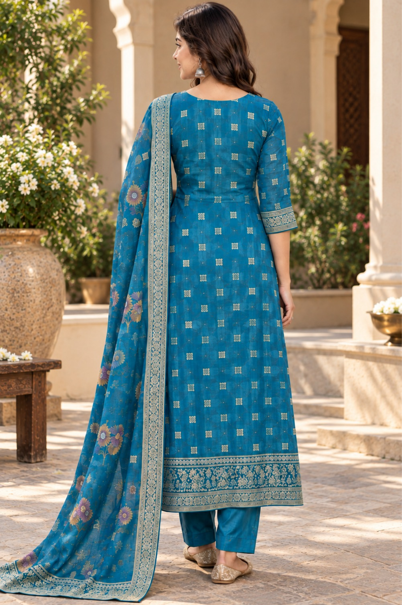 Teal Blue Printed Kurta Set With Floral Dupatta