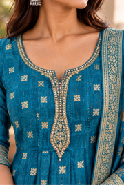Teal Blue Printed Kurta Set With Floral Dupatta