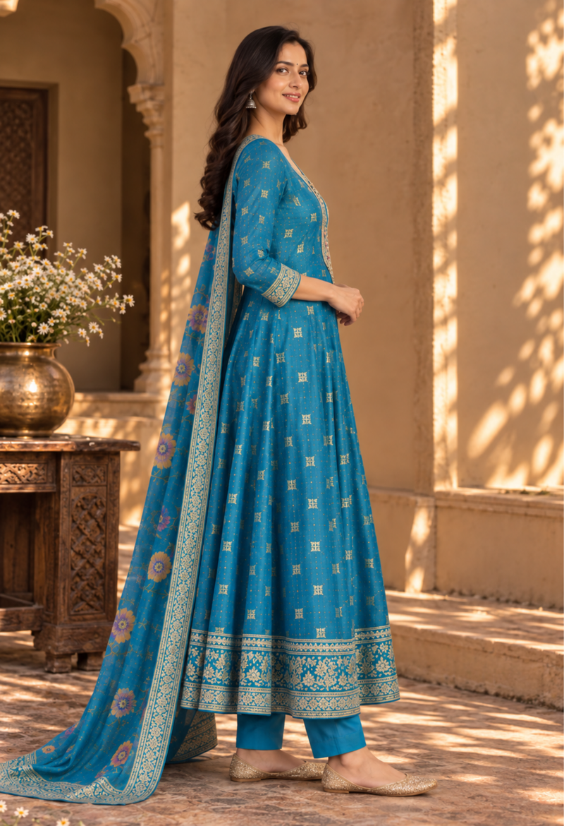 Teal Blue Printed Kurta Set With Floral Dupatta