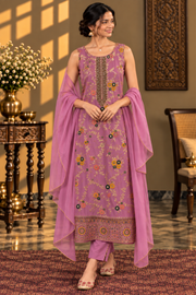 Mauve Floral Printed Kurta Set With Sheer Dupatta