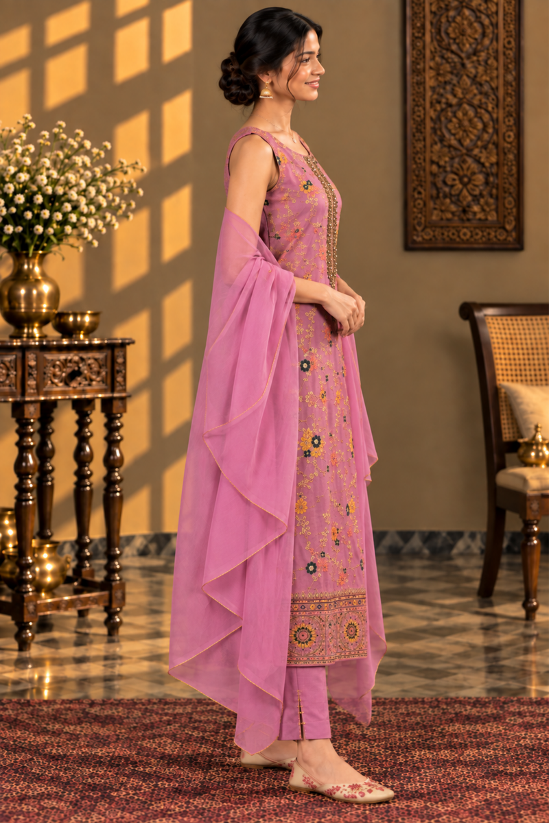 Mauve Floral Printed Kurta Set With Sheer Dupatta