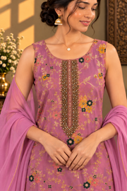 Mauve Floral Printed Kurta Set With Sheer Dupatta