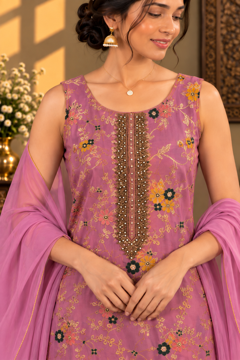 Mauve Floral Printed Kurta Set With Sheer Dupatta