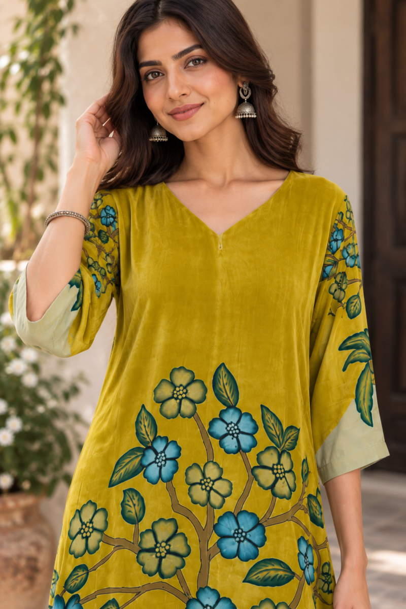 Mustard Yellow Botanical Print A-Line Kurta Set