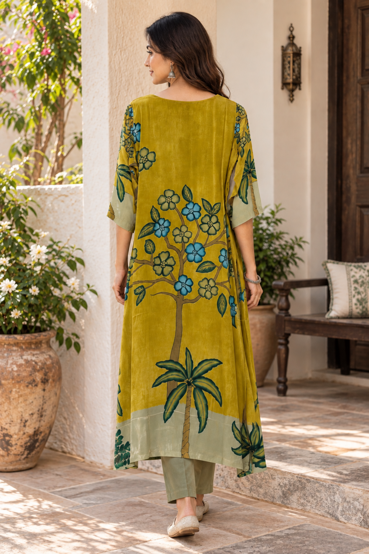 Mustard Yellow Botanical Print A-Line Kurta Set
