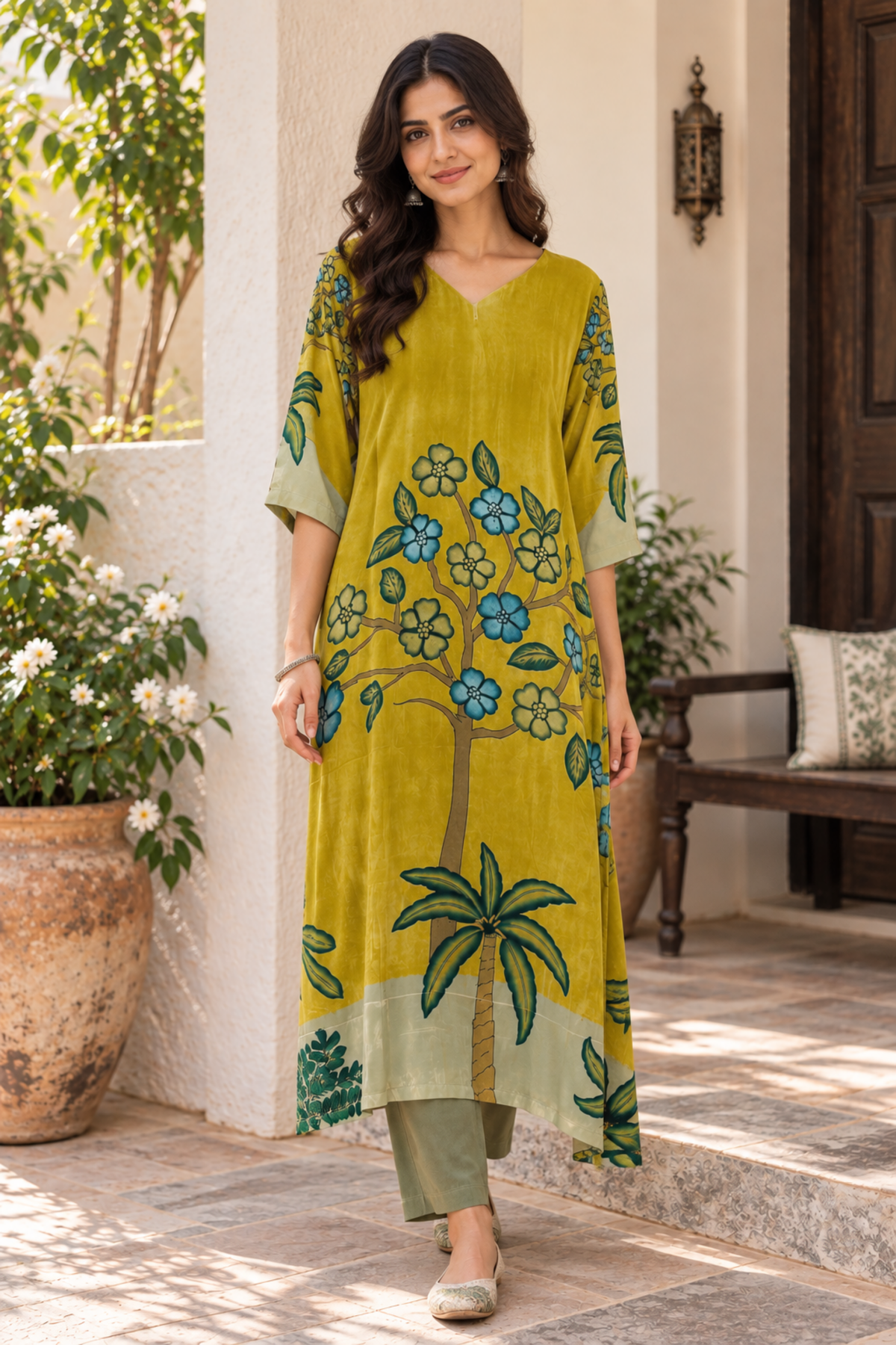 Mustard Yellow Botanical Print A-Line Kurta Set