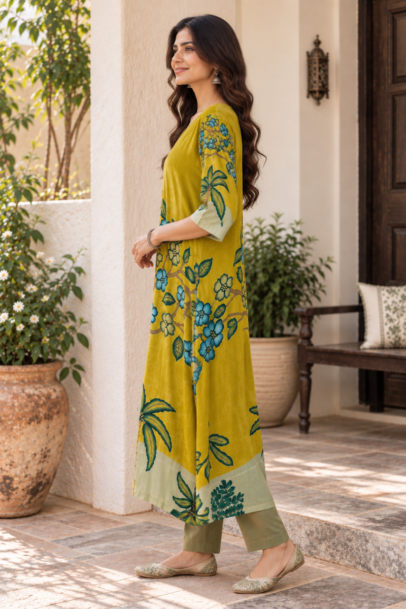 Mustard Yellow Botanical Print A-Line Kurta Set